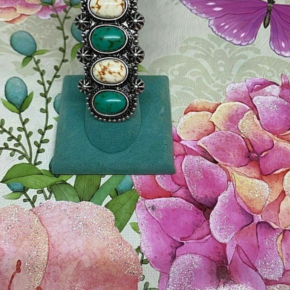 Green Turquoise White Buffalo Silver Ring adjstbl - Picture 2 of 9